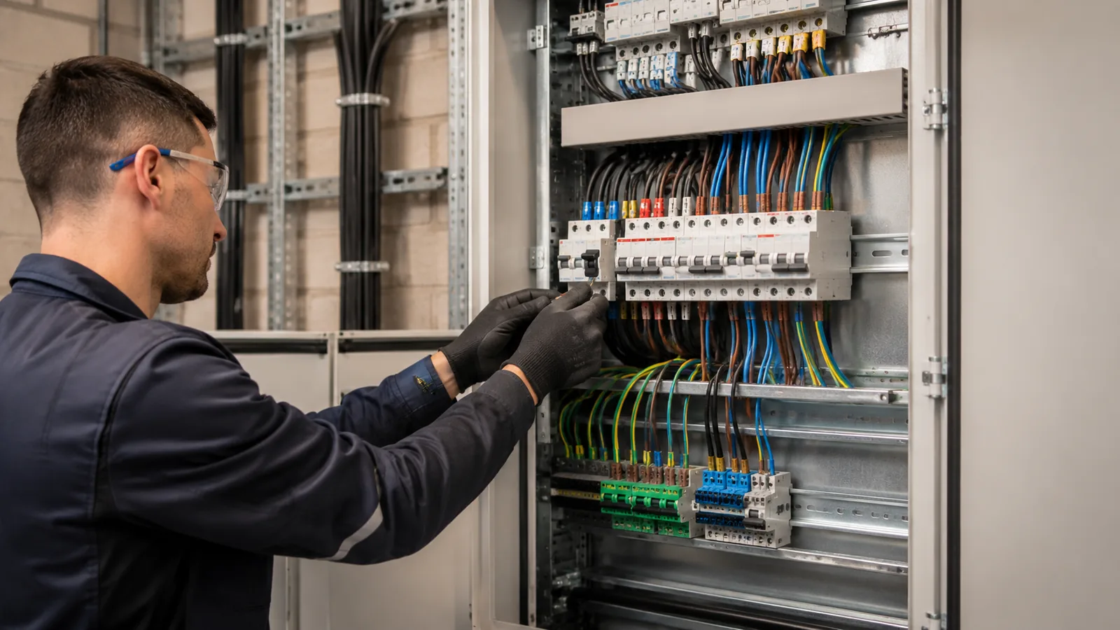 Commercial electrician working on a distribution board