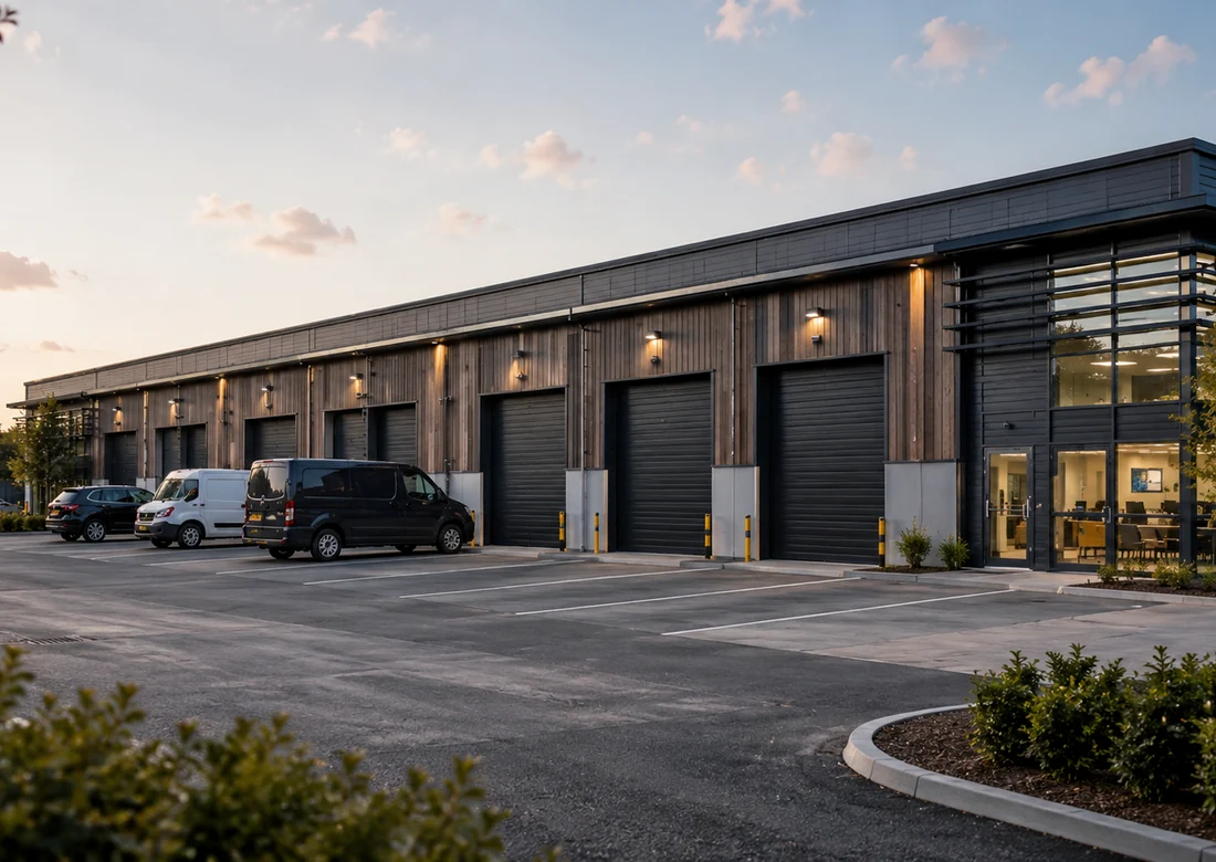 Illustrative people-free commercial property exterior for planning context; not a completed Zamax project